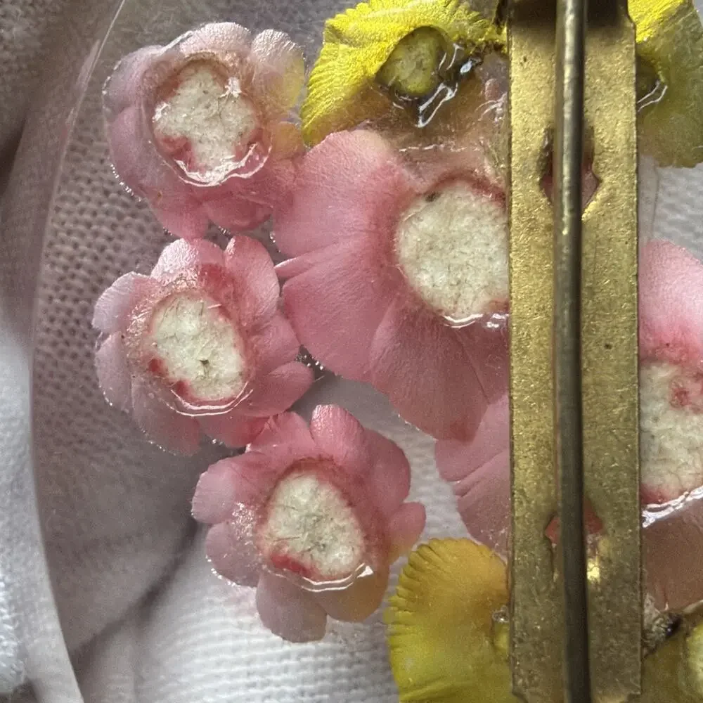 Vintage Clear Lucite Pin Brooch Rose Flower Bud Floral Pink Green Leaves